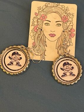 Baseball Team Bottle Cap Dangle Earrings - Blue and Silver